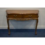 A REPRODUCTION BRDGECRAFT SERPENTINE SIDE TABLE with two drawers on cabriole legs, width 168cm x