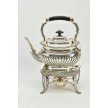 A LATE VICTORIAN SILVER TEAPOT WITH WARMER ON STAND, the teapot of a scallop design to the belly and