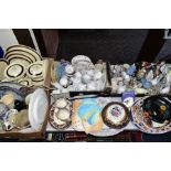 FOUR BOXES AND LOOSE CERAMICS, including assorted meat plates, a Wood & Sons 'Sherborne' pattern