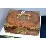 A VICTORIAN WALNUT AND GILT METAL WORK BOX, hinged foliate scroll handle to the hinged lid,
