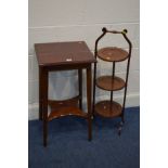 AN EDWARDIAN MAHOGANY CIRCULAR FOLDING CAKE STAND, together with a similar square topped