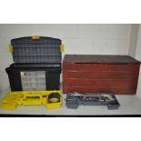 A STANLEY TOOL BOX CONTAINING AUTOMOTIVE TOOLS and a pine chest, tools include a piston, ring