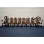 A HARLEQUIN SET OF EIGHT 19TH CENTURY OAK AND ELM WHEELBACK CHAIRS, the six chairs matching,