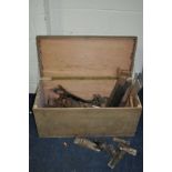 A PLYWOOD BOX CONTAINING A QUANTITY OF VINTAGE SAWS and wood plane parts including Superior etc