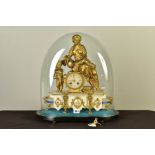 A MID 19TH CENTURY GILT METAL AND WHITE ONYX FIGURAL MANTEL CLOCK, the gilt metal figures as a