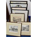 FIVE TOPOGRAPHICAL PRINTS, etc, mostly 20th Century reprints, including Warwick Castle, The Hospital