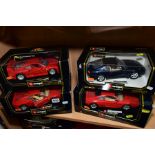 FOUR BOXED BURAGO 1/18 SCALE FERRARI SPORTS CAR MODELS, 1984 GTO, No 3027, 1987 F40, No 3032, 1989