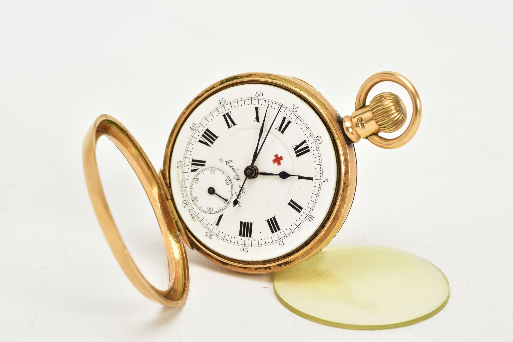 AN 18CT GOLD RED CROSS OPEN FACED POCKET WATCH, white enamel dial signed 'Audrey Reg', Roman - Image 3 of 7