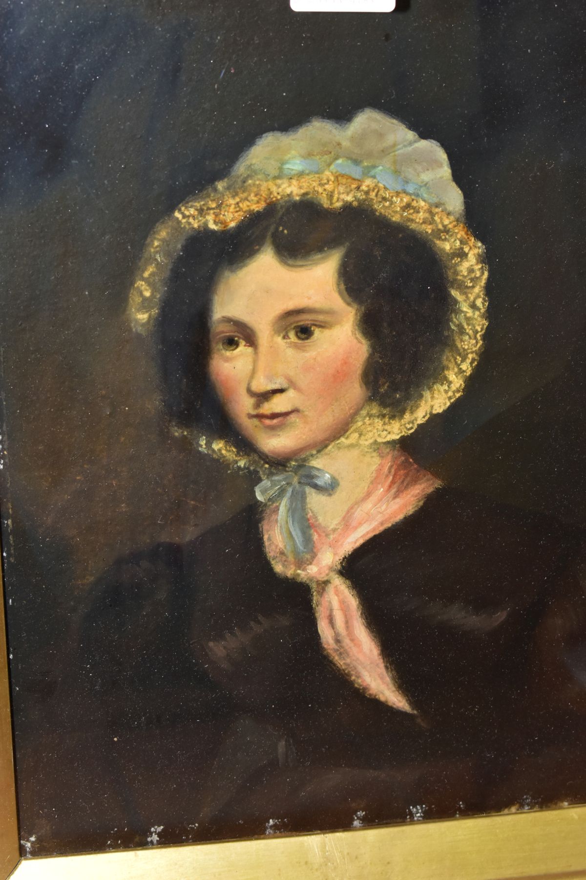 A HEAD AND SHOULDERS PORTRAIT OF A FEMALE FIGURE WEARING A DARK DRESS AND BLUE LACE TRIMMED HAT, - Image 2 of 4
