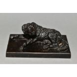 A BRONZE SCULPTURE OF A DOG LYING DOWN (Retriever), mounted on rectangular plinth, unmarked,