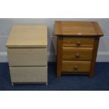 A SOLID OAK BEDSIDE CHEST OF THREE DRAWERS, together with a beech two drawer bedside chest (2)