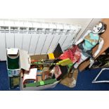 A BOX OF GAMES, TOYS, etc, together with a large 'Lara Croft' fibreglass figure, height 87cm (af), a