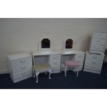 A PAIR OF MODERN WHITE PAINTED DRESSING TABLES width 95cm x depth 45cm x height 77cm with matching