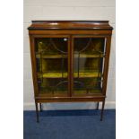 AN EDWARDIAN MAHOGANY AND MARQUETRY INLAID ASTRAGAL GLAZED TWO DOOR DISPLAY CABINET, swept top, with