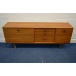 AN AVALON TEAK SIDEBOARD, with a fall front door, three drawers, the top drawer with cutlery