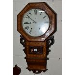 A MID VICTORIAN WALNUT DROP CASE WALL CLOCK WITH TUNBRIDGE WARE DECORATION, octagonal frame