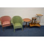 A LLOYD LOOM BUCKET BEDROOM CHAIR, together with a wicker commode bedroom chair, oak folding bed