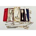 A SELECTION OF SILVER CUTLERY, to include a cased Georgian plain polished fiddle teaspoon,