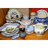 A GROUP OF 19TH AND 20TH CENTURY CERAMICS, including Poole pink and blue coffee wares and a pink and