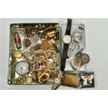 A SELECTION OF ITEMS, to include a lady's 9ct gold cased wristwatch, silver dial signed 'Lanco 15