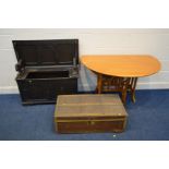 AN OAK MONKS BENCH (sd and losses) together with a teak and bamboo gate leg table and a vintage
