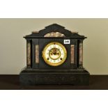 A LATE 19TH CENTURY ANSONIA BLACK SLATE AND MARBLE MANTEL CLOCK OF ARCHITECTURAL FORM, the enamel