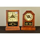 TWO LATE 19TH CENTURY AMERICAN WALNUT CASED MANTEL ALARM CLOCKS, one of rectangular form, the