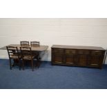 A DARK OAK REFECTORY TABLE, four chairs and a sideboard with four drawers, width 191cm (6)