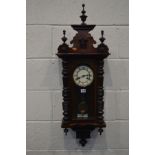 A LATE VICTORIAN MAHOGANY VIENNA WALL CLOCK, height 97cm (pendulum and winding key)