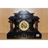 A LATE 19TH CENTURY ARCHITECTURAL AND MARBLE MANTEL CLOCK WITH SILVERED AND GILT PAINTED DETAILS,