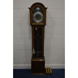 AN EARLY TO MID 20TH CENTURY MAHOGANY LONGCASE CLOCK, the arched hood with a glazed door enclosing a