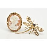 TWO 9CT GOLD BROOCHES, the first an oval cameo depicting a lady in profile, within a collet mount