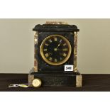A LATE 19TH CENTURY BLACK SLATE AND MARBLE MANTEL CLOCK, the dial with gilt Roman numerals, eight