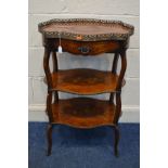 A 20TH CENTURY FRENCH MAHOGANY, KINGWOOD AND MARQUETRY INLAID THREE TIER ETERGER, the top tier