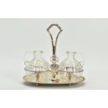 A CONTINENTAL SILVER CRUET SET, the plain polished oval tray with a textured rim, stamped 800, to