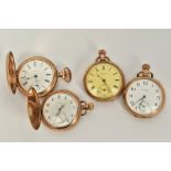 FOUR GOLD PLATED POCKET WATCHES, to include a full hunter 'Waltham' white dial, Roman numerals,