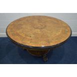 A VICTORIAN BURR WALNUT, MARQUETRY INLAID AND STRUNG CIRCULAR PEDESTAL BREAKFAST TABLE, on a