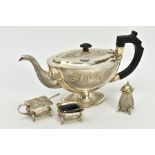 AN INDIAN STERLING SILVER TEAPOT, of oval pedestal form, cast with scenes of rural life and foliage,