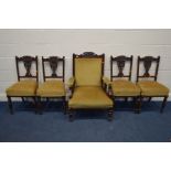 AN EDWARDIAN MAHOGANY FIVE PIECE PARLOUR SUITE, comprising an armchair and four dining chairs (5)