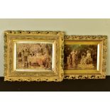 TWO LATE 19TH CENTURY CHRYSTOLEUMS, one depicting girls taking tea in a garden as a suitor calls,