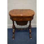 A LATE VICTORIAN BURR WALNUT AND MARQUETRY INLAID WORK TABLE, the fold over top enclosing a chess