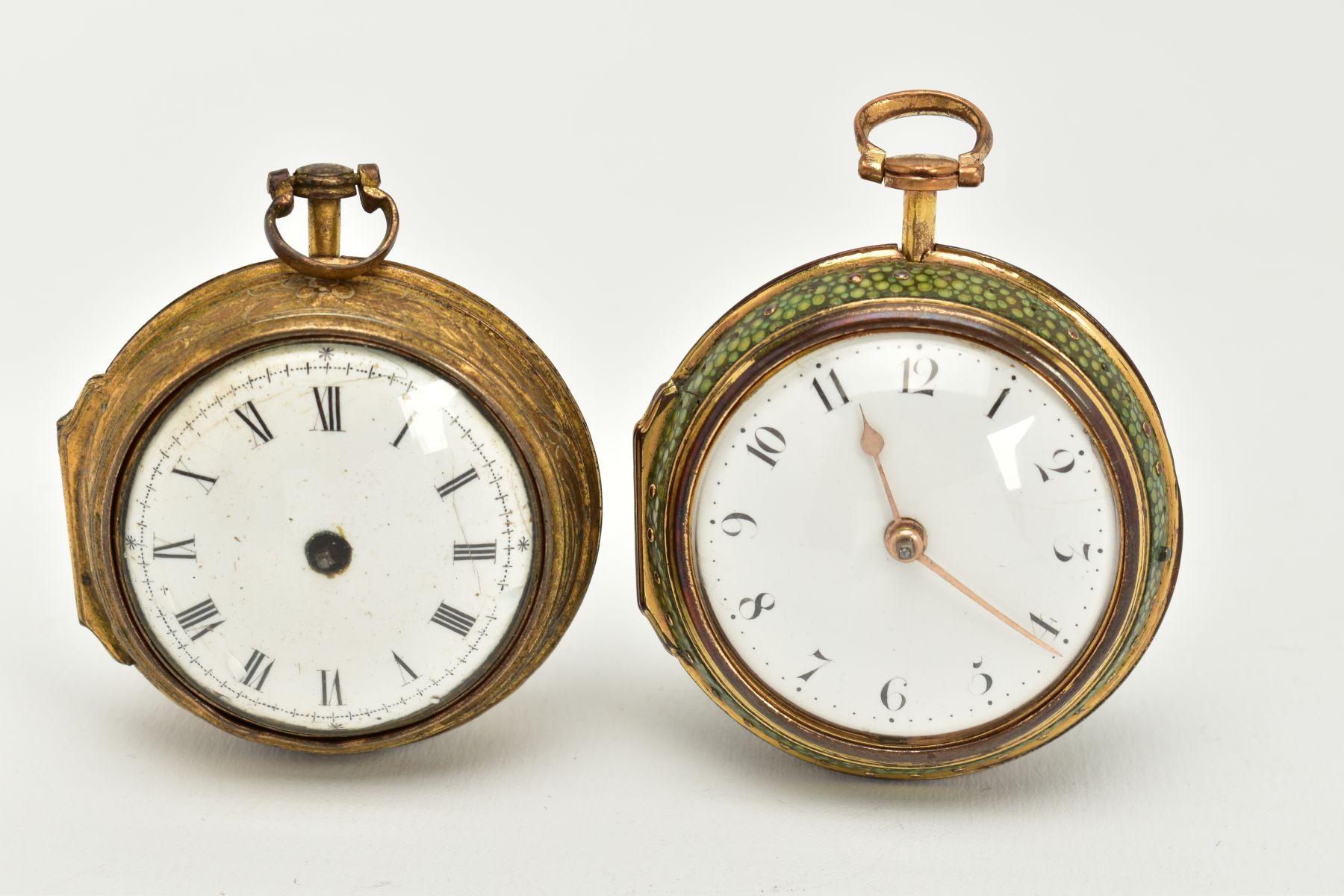 TWO EARLY 19TH CENTURY GILT METAL PAIR CASED POCKET WATCHES, a shagreen pair cased verge pocket by