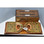 A LATE VICTORIAN WALNUT AND BRASS MOUNTED BOOK SLIDE, closed length 36cm, together with a