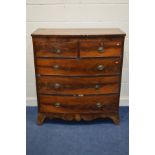 A GEORGIAN MAHOGANY BOWFRONT CHEST OF TWO SHORT OVER THREE LONG DRAWERS, on out splayed bracket