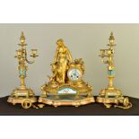 A MID/LATE 19TH CENTURY GILT METAL AND PORCELAIN CLOCK GARNITURE, the clock cast as a classical