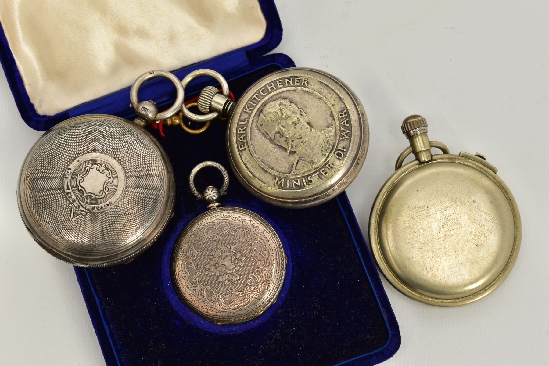 THREE POCKET WATCHES AND A STOP WATCH, to include a silver open faced watch, white dial, Roman - Image 2 of 7