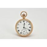 AN EARLY 20TH CENTURY 9CT GOLD J.W. BENSON LONDON OPEN FACE POCKET WATCH, white enamel dial, Roman