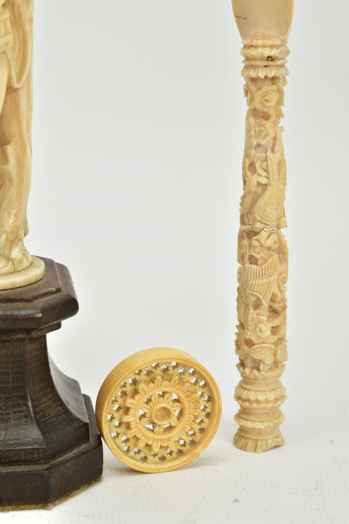 A 19TH CENTURY CARVED IVORY FIGURE OF A SCANTILY CLAD FEMALE WITH A BIRD AND PIPES, mounted on a - Image 3 of 9