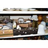 THREE BOXES AND LOOSE SUNDRY ITEMS to include a box of assorted tea wares, brass ornaments and