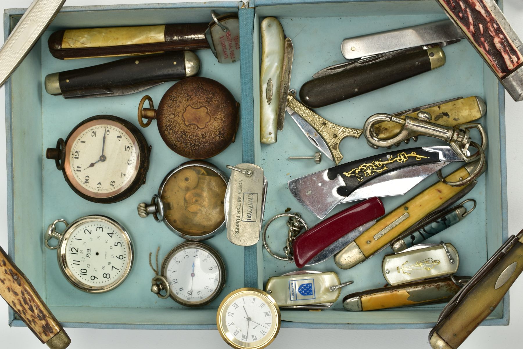 A BOX OF POCKET WATCHES AND FRUIT KNIVES, to include a small open faced pocket watch, white dial, - Image 2 of 6